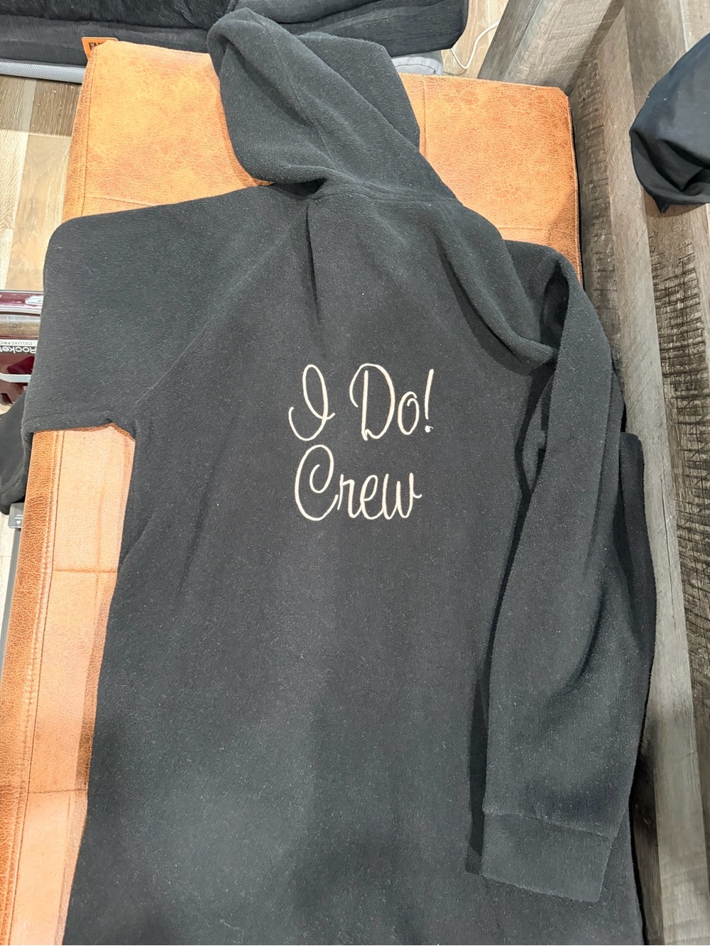 I Do! Crew Black hooded Embroidered adult zip up onesie with Pink Accent